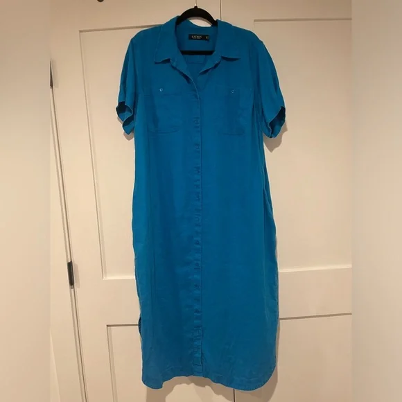 Ralph Lauren Turquoise Linen Dress w/ belt and pockets - Picture 2 of 5
